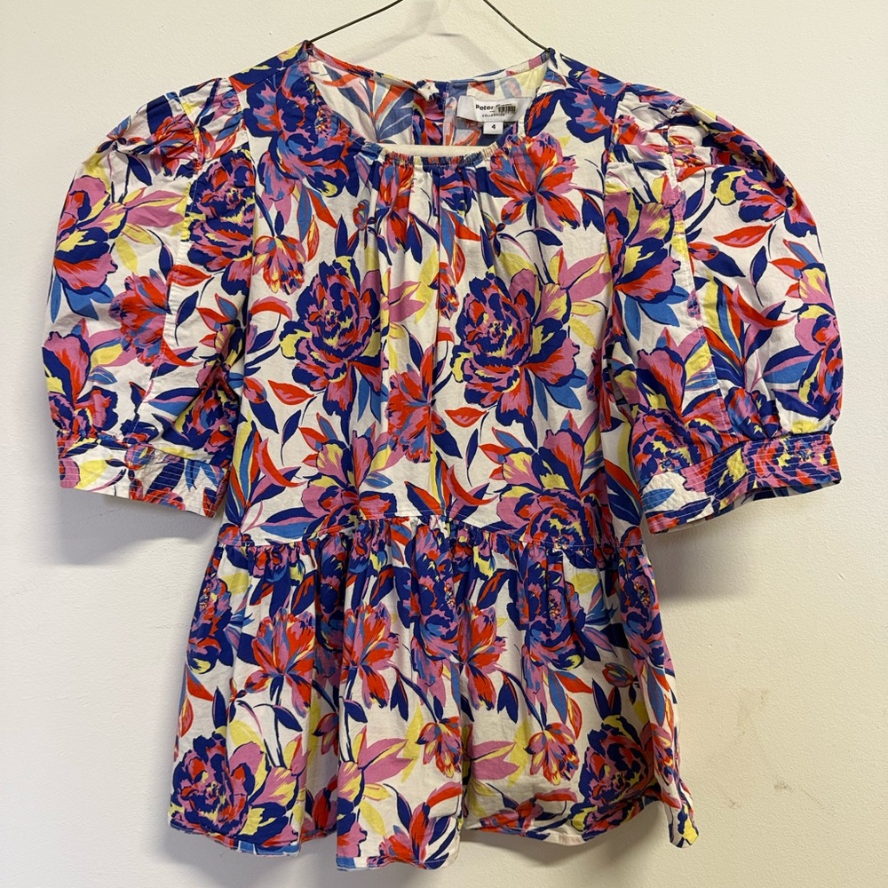 Peter Som Floral Puff-Sleeve Peplum Top - Blue, Pink, Orange